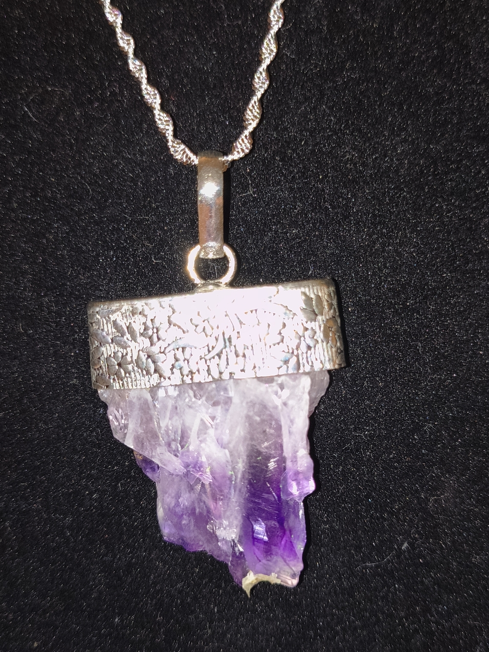 Amethyst Raw Crystal Pendant Necklace -set In 925 Silver On Silver Chain